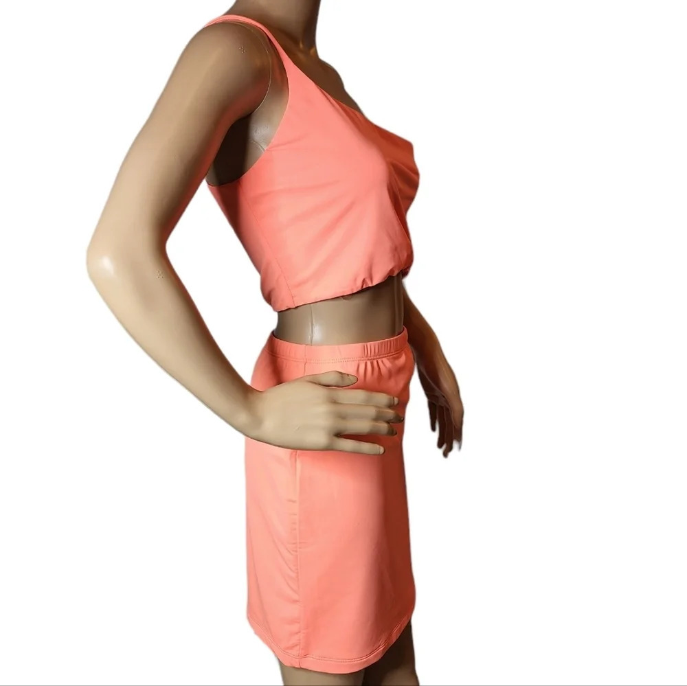 Salty 2 Peice Swimwear Resort Wear One Shoulder Crop Top Mini Skirt Coral L - Picture 4 of 14